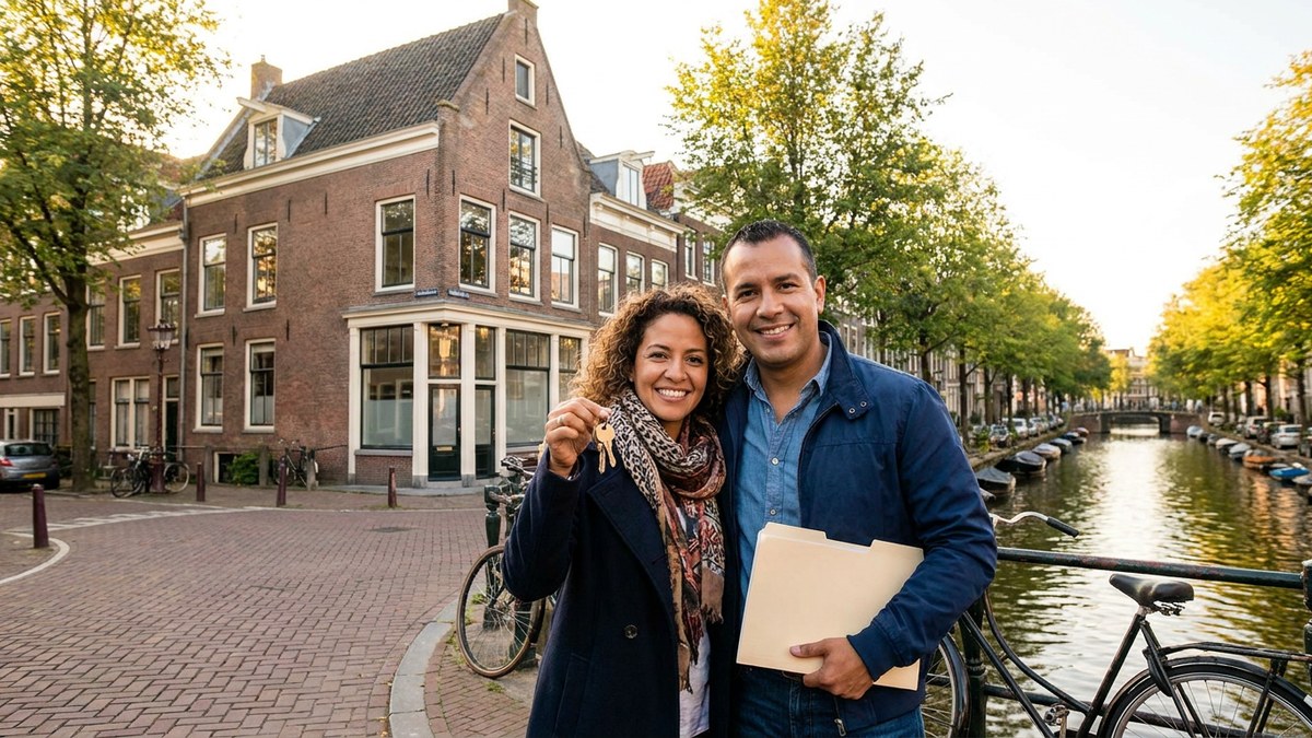 Pareja latinoamericana con las llaves de su casa frente a una vivienda de ladrillo junto a un canal en Holanda