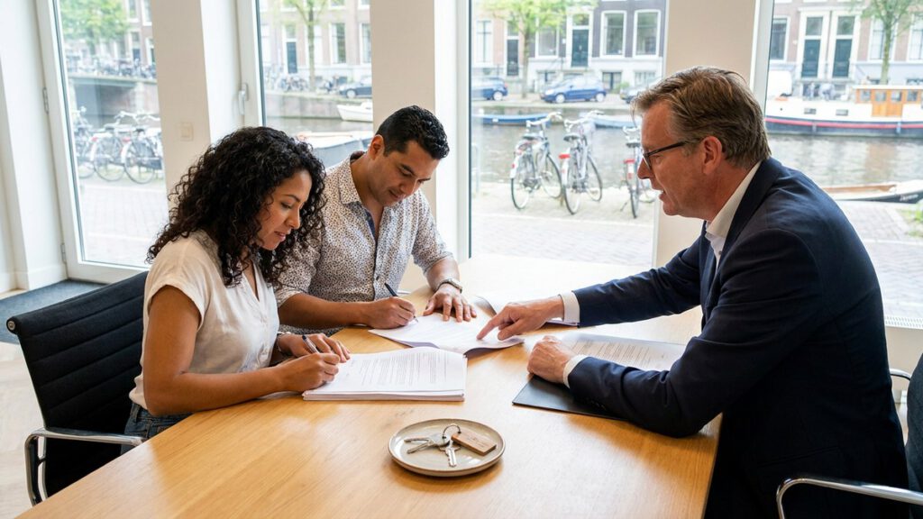 Pareja firmando la compra de su casa ante un notario en Holanda