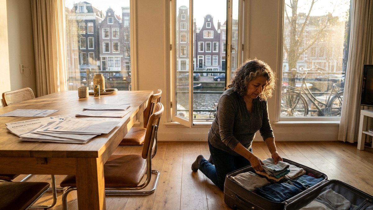 Persona preparando maletas y revisando documentos de pensión antes de salir de Holanda