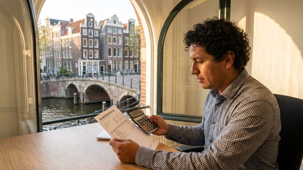 Profesional latinoamericano revisando su nómina en una oficina de Amsterdam